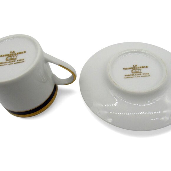 LA VAISSELLERIE Fine PORCELAIN Espresso Cup Saucer Gold Blue Navy Vaiselle Vinta - Picture 11 of 12